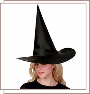 Classic black pointed wizard hat with wide brim in glossy satin finish for cosplay