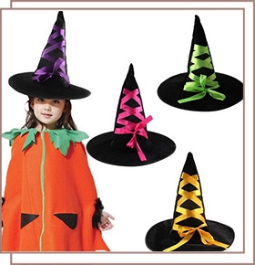 Kids' pumpkin cape and assorted wizard hats with colorful ribbons for Halloween