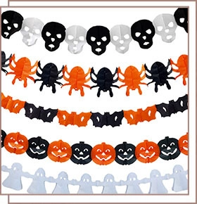 Five assorted Halloween paper garlands featuring skulls, spiders, pumpkins and ghosts