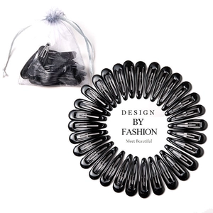 Set of glossy black teardrop BB hair clips arranged in a circle with mesh storage bag