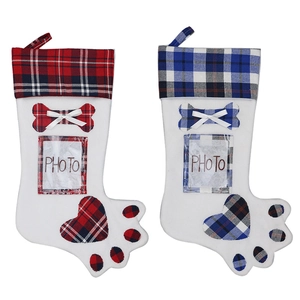 Red and blue plaid Christmas pet stockings with photo slots and bone heart decor