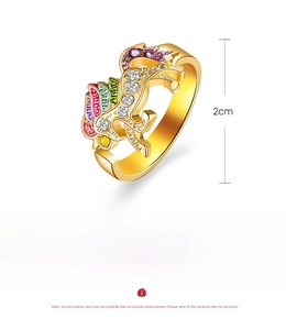Detailed size view of an adjustable gold unicorn ring with colorful enamel and crystals