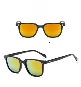 Detailed front and side views of black square sunglasses with orange mirrored lenses