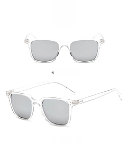 Detail view of transparent square sunglasses with silver mirror lenses and rivet accents