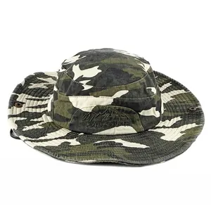 Outdoor camouflage boonie hat with wide brim and mountain embroidery for sun protection