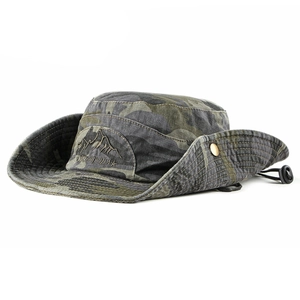 Outdoor camouflage wide-brim sun hat with peak embroidery and adjustable drawstring cord