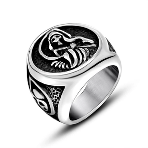 Vintage gothic grim reaper skull ring in silver titanium steel for men on white background