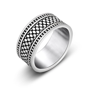Bague rétro en acier inoxydable pour couple avec motif à carreaux et bord perlé