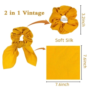 Yellow vintage 2 in 1 silk hair scrunchie and square scarf set with detailed size dimensions