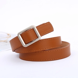 Brown leather belt for women featuring a minimalist silver square buckle on white background