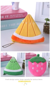 Detail view of plush fruit coin purses in orange strawberry and kiwi shapes with zippers