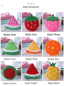 Detailed grid view of nine colorful plush fruit coin purses with beaded chain straps