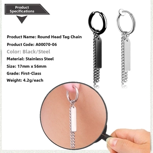 Detail view of steel tassel drop earrings with rectangular tag and chain specifications