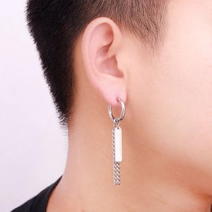 Men's titanium steel hoop earring featuring a rectangular tag and delicate chain pendant