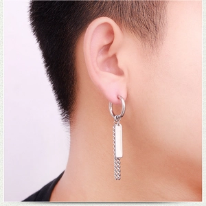 Silver titanium steel hoop earring featuring a polished tag pendant and double tassel chains