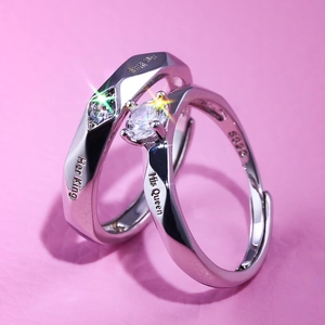 S925 silver couple rings with Her King His Queen engraving and sparkling gems