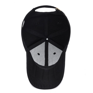 Inside view of a black cotton baseball cap showing sweatband and metal buckle closure