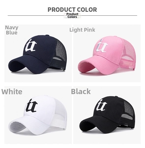 Mesh baseball caps detail showing navy, pink, white, and black colors with it embroidery
