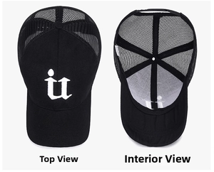 Detailed top and interior views of black mesh truck cap with white embroidered U logo