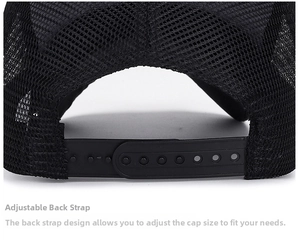 Detail of adjustable snapback strap and breathable mesh on black trucker hat
