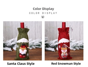 Detail of Christmas wine bottle covers featuring plush Santa and Snowman doll decorations