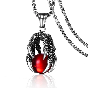 Silver stainless steel dragon claw pendant necklace with a round red bead centerpiece