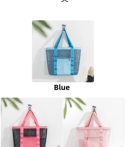 Three large nylon mesh beach tote bags in blue, pink, and black colors for travel storage