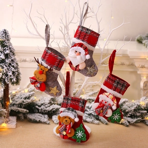 Set of 4 Christmas stockings with Santa Elk Snowman and Bear 3D plush doll decorations