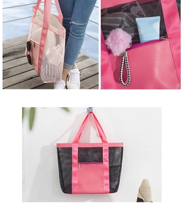 Detail of pink and black mesh beach bag with zipper pocket and ROLANJONA logo