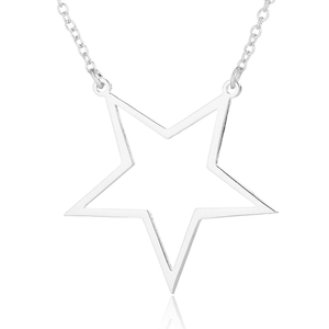 Close-up of hollow star pendant necklace in silver stainless steel with thin chain link