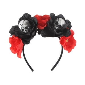 Gothic headband featuring black and red roses with small skull details and mesh veil