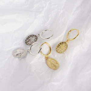 Elegant S925 sterling silver Virgin Mary coin hoop earrings in gold and silver finishes