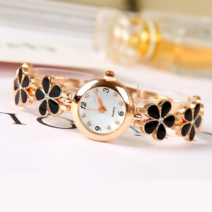 Elegant rose gold women watch with black enamel flower clover bracelet and white dial