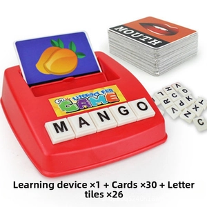 Educational spelling game set with red base, 30 double-sided cards and 26 letter tiles
