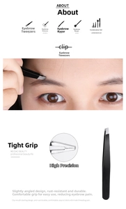 Macro shot of high-precision slanted stainless steel eyebrow tweezers with black coating