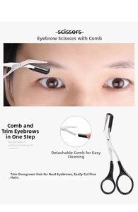 Detail of stainless steel eyebrow scissors with removable comb for precise grooming
