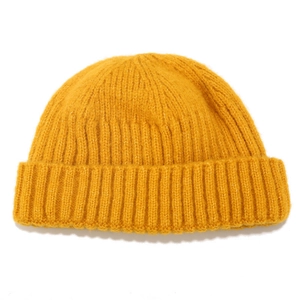 Bright yellow ribbed knit beanie for men and women, classic cuffed docker cap style