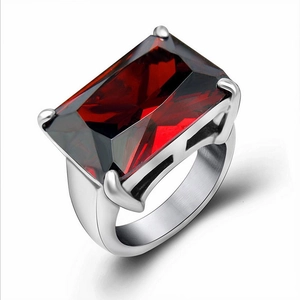 Fashionable titanium steel ring with rectangular red gemstone in silver four-prong setting