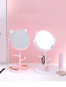 Cat ear makeup mirror with rotating HD glass and jewelry storage tray base
