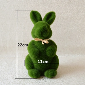 Detailed view of moss green flocked Easter rabbit with size dimensions 22cm by 11cm