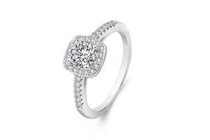 Detail shot of S925 sterling silver stamp on square halo radiant cut zircon ring