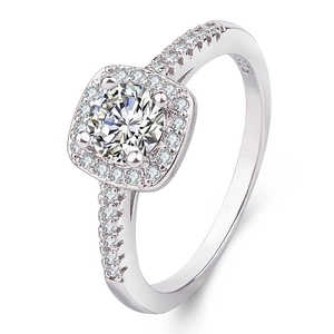 Macro shot of S925 silver ring featuring round main stone with square halo and small diamonds