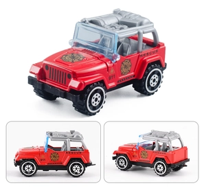 Three-angle views of a red die-cast rescue jeep toy with 911 decals and roof rack