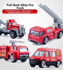 Set of four red alloy fire truck models including ladder and rescue vehicles with pull-back function
