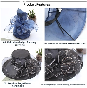 Detail of foldable organza sun hat featuring handmade large flowers and adjustable cord