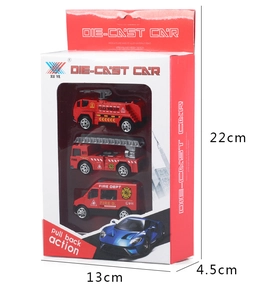 Three-piece die-cast fire rescue vehicle set in pull-back action packaging display