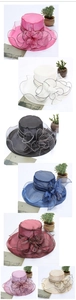 Vertical collage showing detailed view of organza sun hats in seven vibrant colors