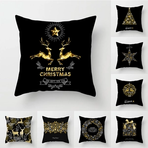 Housse De Coussin De Noël Noir Or Renne Flocon De Neige Peau De Pêche Polyester Carré Décoration De Fête Maison Bureau
