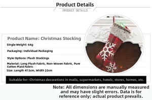 Detailed size specifications for red plaid Christmas stocking with plush trim and snowflake