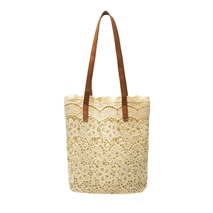 French style floral lace bucket bag with brown leather handles and large capacity